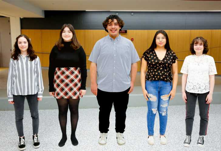 Using digital imaging software, the Gustafson Scholarship winners from the Class of 2021 recently posed individually for a “virtual group picture” at East Aurora High School. From left to right: Laura Gonzalez, Daniella Herrera, Jesus Aguirre, Eymi Cruz, and Elizabeth Gonzalez. 