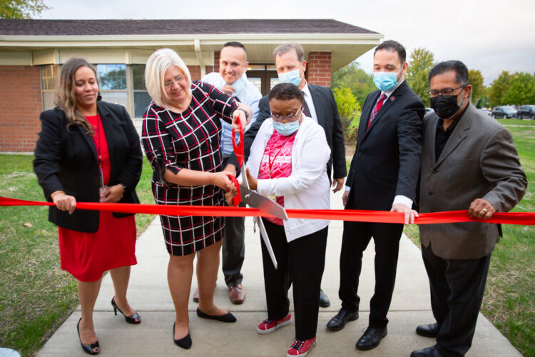 From left to right: EASD 131 Superintendent Dr. Jennifer Norrell, Board of Education President Annette Johnson, board members Juan Sifuentes, Jr.,  Avis Miller, Bruce Schubert, Alex Arroyo, and Dan Barreiro (not pictured: Kimberly Hatchett).