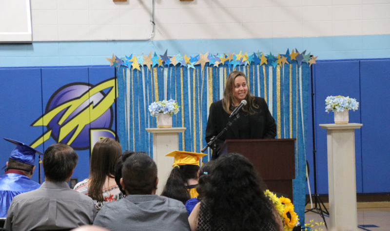 Superintendent Dr. Jennifer Norrell with congratulatory remarks for the Class of 2023