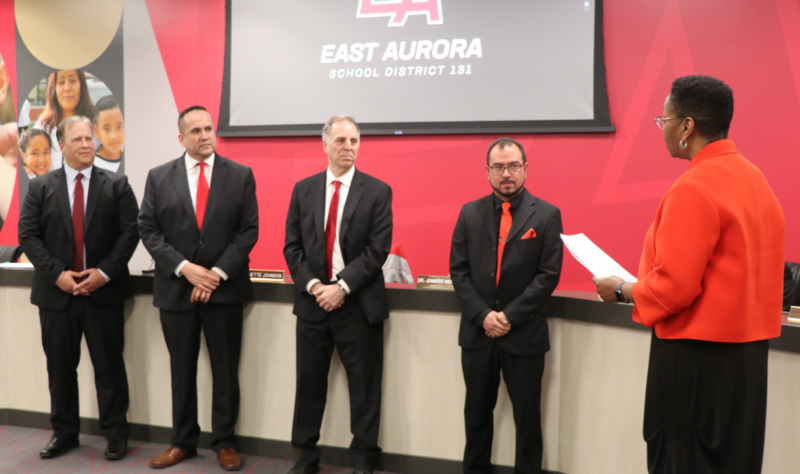 Newly elected and incumbent members sworn in at the Board of Education meeting. Left to right: Bruce Schubert, Juan Sifuentes, Judd Lofchie, and Saul Olivas.