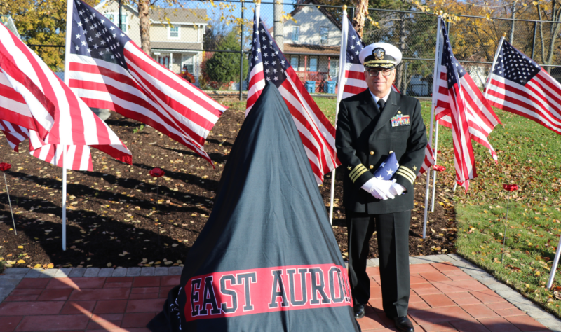 Commander Michael Kerley before the Unveiling/Next to the Veterans Memorial.