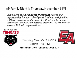 Power Point Slide containing information on AP Family Night at East Aurora High School